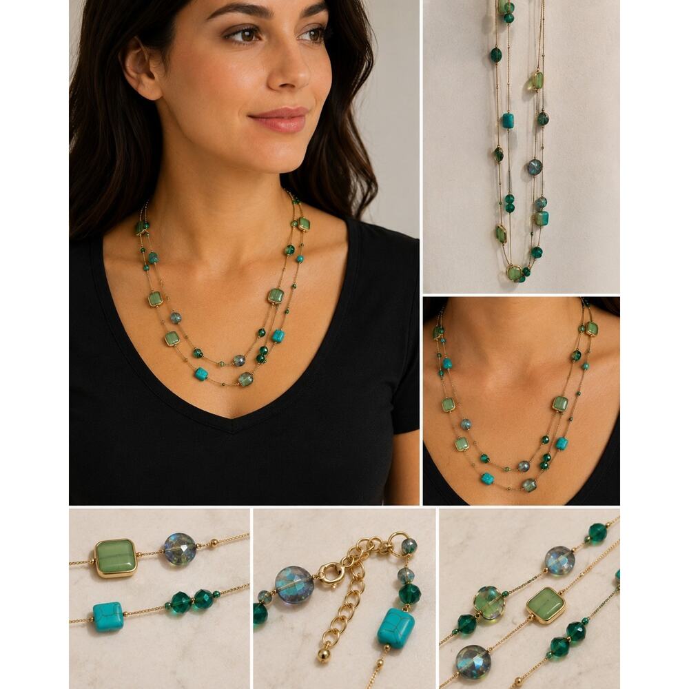 Long Gold Tone Station Necklace Green Glass Beads Faux Turquoise Layered...